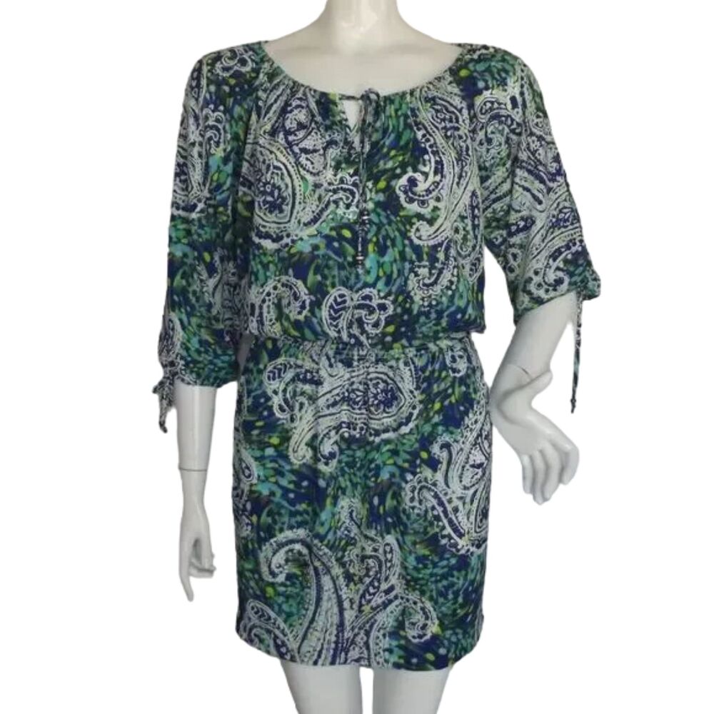 CACHE Dress, S, Blue/Green Paisley, Smocked waist, Slit Sleeve, Tie Neck/Beaded